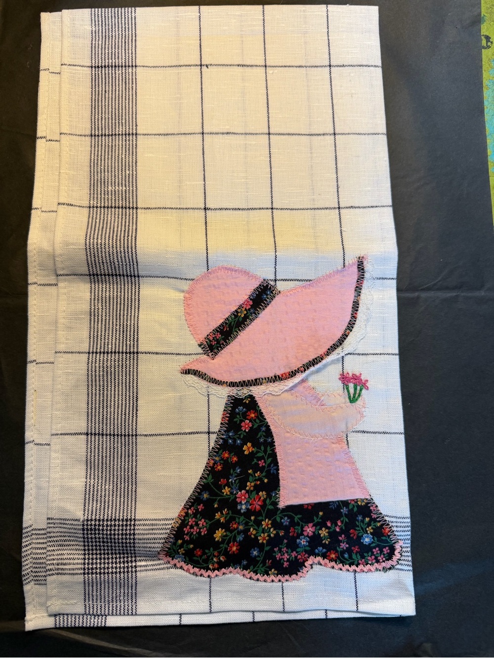 Embroidered Sunbonnet Girl Linen Tea Towel - Pink & Black